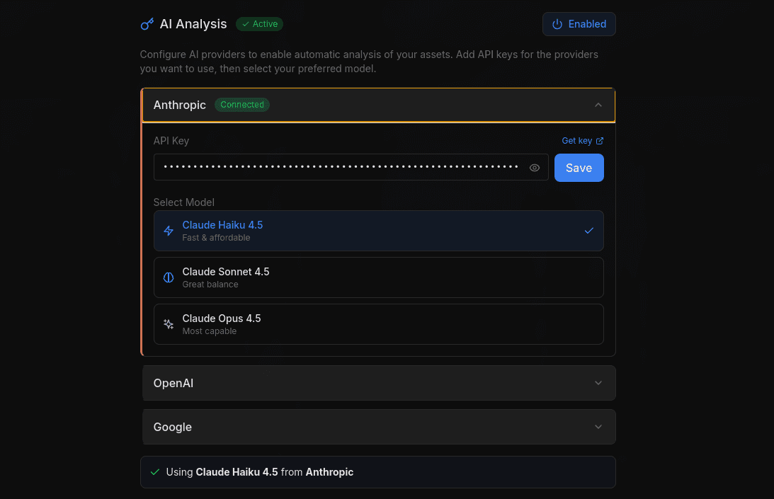 AI configuration panel showing provider and model selection