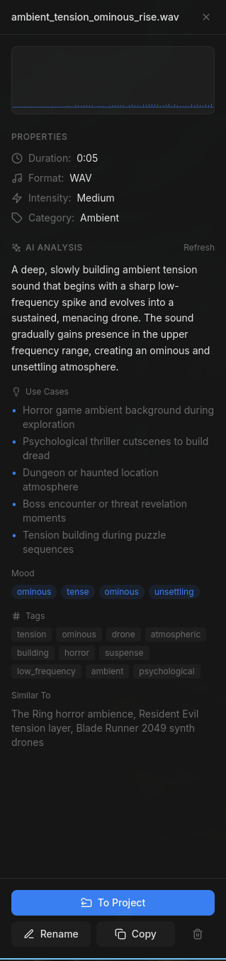 Audio analysis sidebar showing AI-generated metadata